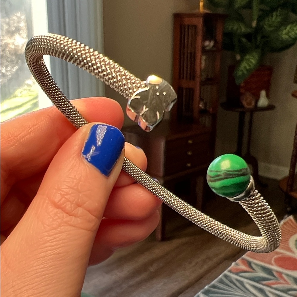 Silver Plated Mesh Teddy Bear Faux Malachite Open Cuff Bracelet - Style of Tous